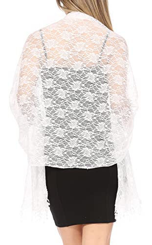 Sakkas Mari Women's Large Lightweight Soft Lace Scarf Wrap Shawl Floral and Fringe - color: Style2-white