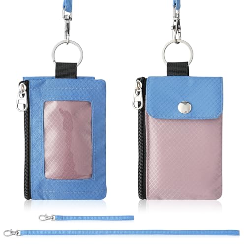 Artpaxy Minimalist Wallet For Mens Womens, Keychain RFID Blocking Zipper Small Wallet with ID Window 2 Lanyards,Water Resistant Travel Cash Card Coin Case Boys Girls - color: Light pink purple+Light blue, style: Casual