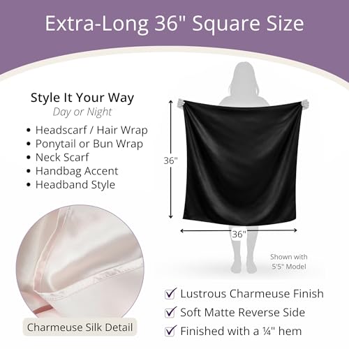100% Mulberry Silk Head Scarf Large 36" - 19 Momme Women's Hair Wrap for Sleeping, Reduce Frizz & Damage, Natural Soft Silk - color: Black