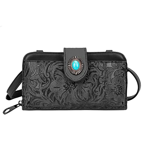 LAVAWA Women's Crossbody Handbag Small Vintage, Ladies Wallet Western Adjustable Phone Purse Clutch Turquoise Concho Embossed - color: Black