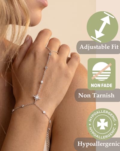 Silver Gold Ring Hand Chain Bracelet for Women non Tarnish Star Dainty Bracelets Hand Chain Ring Stackable Chains Bracelet - color: silver1