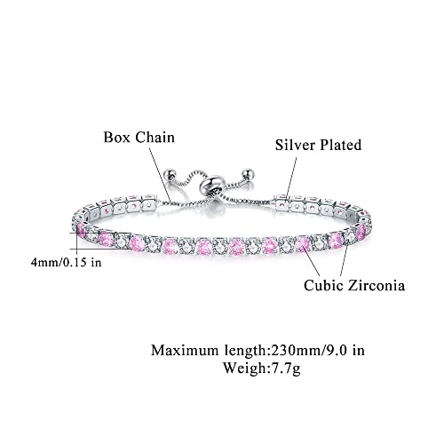 CiNily Adjustable Tennis Bracelets for Women Teen Girls Rainbow Cubic Zirconia Bracelet 14K White Gold Plated Hypoallergenic Slider Bracelet Jewelry Gift - color: Pink white