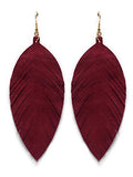 Large Genuine Soft Leather Handmade Fringe Feather Lightweight Tear Drop Dangle Color Earrings for Women Girls Fashion - color: Burgundy