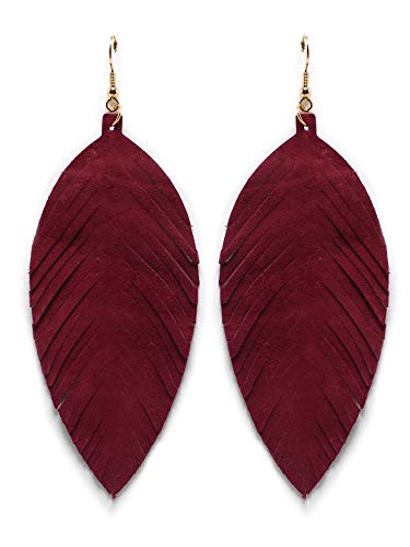 Large Genuine Soft Leather Handmade Fringe Feather Lightweight Tear Drop Dangle Color Earrings for Women Girls Fashion - color: Burgundy