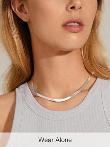 FOCALOOK 14K Gold Plated Necklaces for Women, Fashion Herringbone Choker Necklace Stainless Steel Flat Snake Chain 3/5MM(W) 12.5"/15"/18"+3.5"(L) - color: 5MM-Silver-15"
