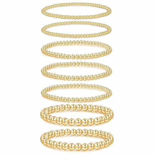 7PCS Layered Beaded Bracelets Set for Women Trendy Stretch Elastic Round Ball Beads Bangles Boho Chunky Gold Stackable Bracelets Dainty Jewelry for Gifts - color: Gold
