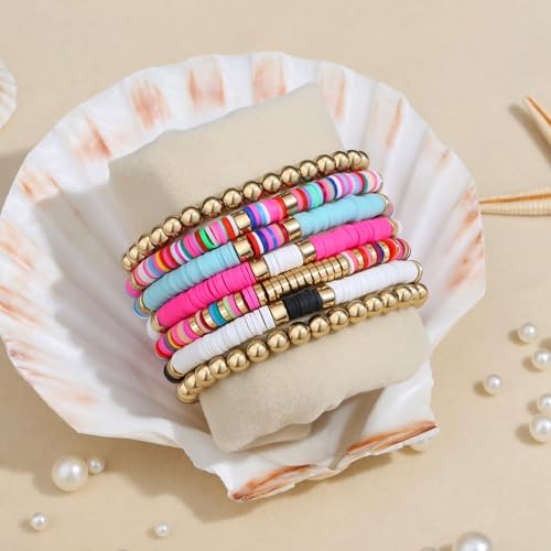 XIANNVXI 7pc Heishi Clay Bead Bracelets for Women Gold Plated Beaded Bohemian Stackable 6.8In Stretch Bracelets Elastic Layering Friendship Jewelry Boho Gift Set - color: Pink Blue