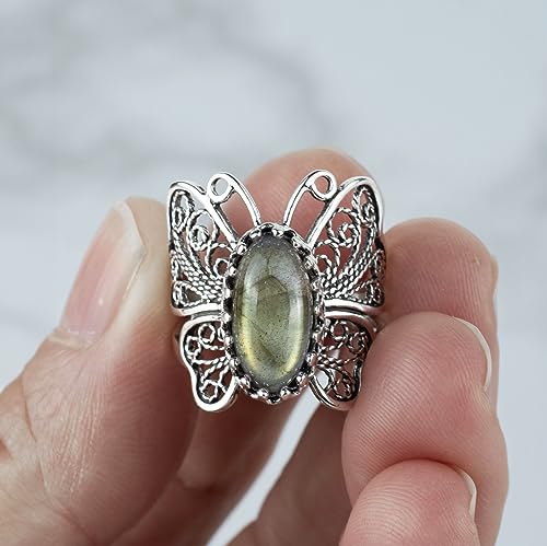 Filigranist Sterling Silver Filigree Art Butterfly Women Cocktail Ring with Gemstones - color: Labradorite