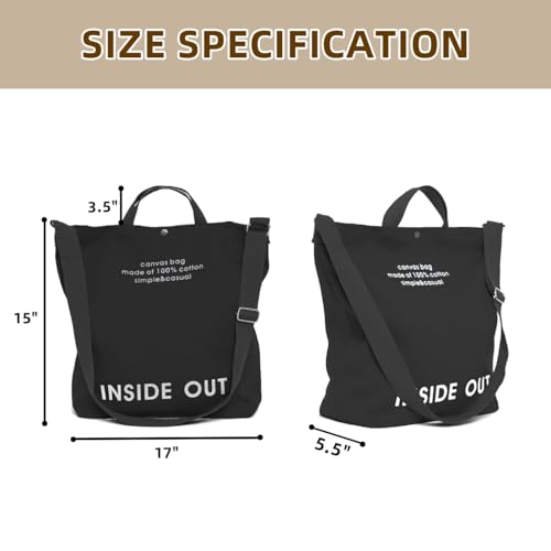 Canvas Tote Bag For Women inside out bag Crossbody Handbag with Adjustable Strap and Coin Purse for Work,Travel,Grocery - color: Black