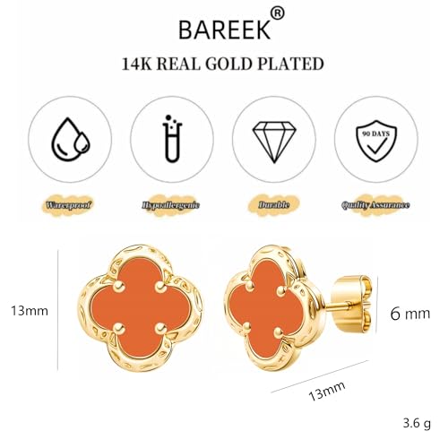 Elegant Black Onyx Clover Stud Earrings, 14K Gold Plated Four Leaf Hypoallergeinc Stud Stainless Steel Flower Earring Lucky Simple Jewelry Gift for Women Shiny Multiple Onyx Colors - color: Orange Clover Stud Earrings