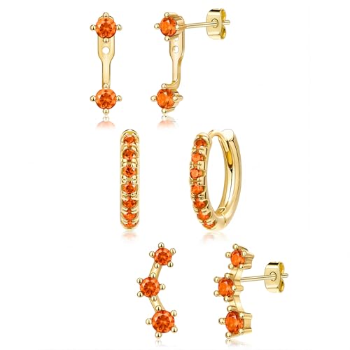 3 Pairs Dainty Small 4th of July Earrings for Women Trendy, Birthstone Stud Huggie Hoop Jacket Stack for Cartilage Helix, Gold Plated Hypoallergenic Cute Women Fashion Accessories Western Jewelry Gifts - color: 07Orange-July (Gold)