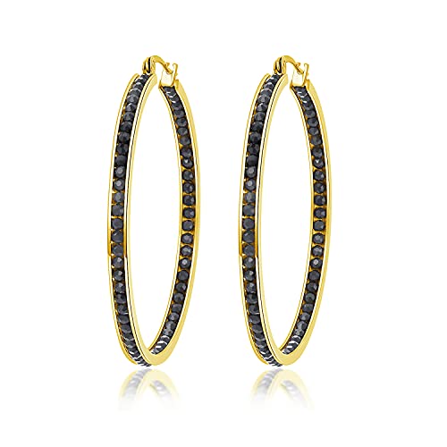 CiNily Mult-colors Crystal Stainless Steel Hoop Earring for Women Hypoallergenic Jewelry for Sensitive Ears Large Big Hoop Earrings 2" - color: Gold+Black