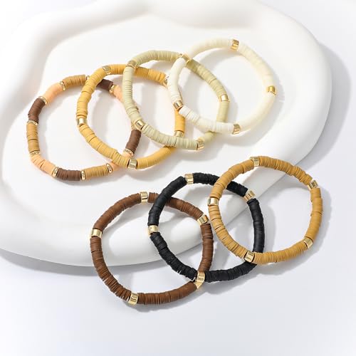 GOOJIDS Surfer Heishi Clay Bead Bracelets for Women Bohemian Stackable Gold Plated Beaded Stretch Bracelets Elastic Layering Friendship Bracelets Set Boho Jewelry - color: B-New Brown Color C