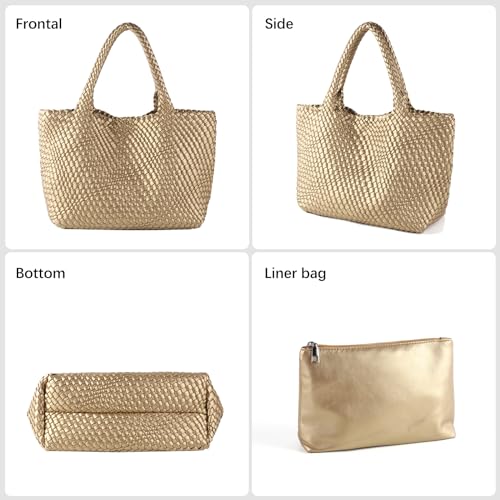 Woven Tote Bag Womens Purse Vegan Leather Shoulder Handbags Fashion Summer Beach Tote Bags Large Travel Totes - color: Golden