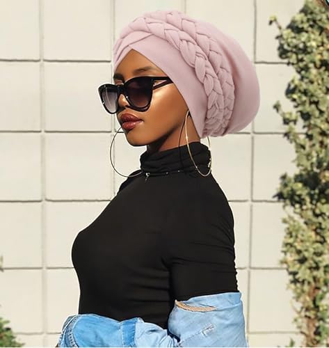 African Women Turban Caps Pre-Tied Twisted Turbans Head Scarf for Women Hair Wraps Cover Beanie Cancer Chemo Headwear - color: 1 Pack Double Twisted Braid A: Flesh Pink