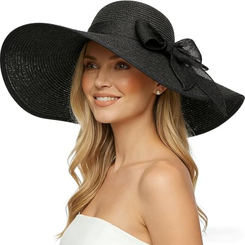 DRESHOW Beach Hats for Women Big Straw Wide Brim Summer Hat Floppy Foldable Roll up Cap Sun Hat UPF 50+ - color: Aca Black 5.9