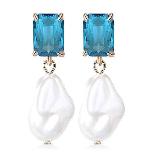 Fashion Pearl Drop Earrings for Women With Crystal - Rhinestone Statement Earrings with Pearl Dangling Studs - Large White Baroque Pearl Earrings for Bridesmaid Wedding Party Birthday Holiday - color: Light Blue