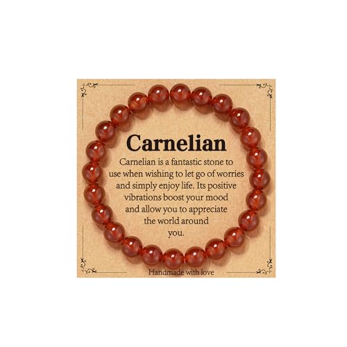 Gnamy Healing Crystal Bracelet for Women, Natural Stone Beaded Healing Crystal Bracelet Triple Protection Stress Relief Beads Jewelry Birthday Gifts Jewelry for Her - style: Red Carnelian