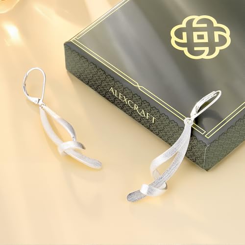 ALEXCRAFT Twisted Silver Dangle Earrings, Hypoallergenic Elegant Lightweight 14k Gold Plated Long Brushed Twisted Tassel Dangling Drop Leverback Earrings for Women Trendy Statement Jewelry in Box - color: Brushed_Silver