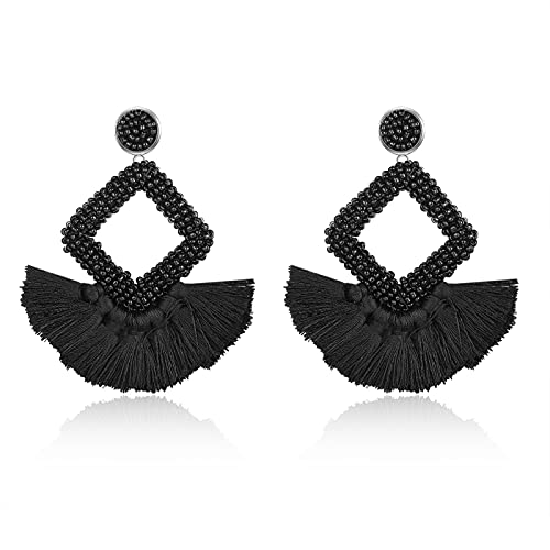 Long Tassel Earrings Statement Bohemian Pom Ball Handmade Drop Dangle Earrings for Women - style: S-Black