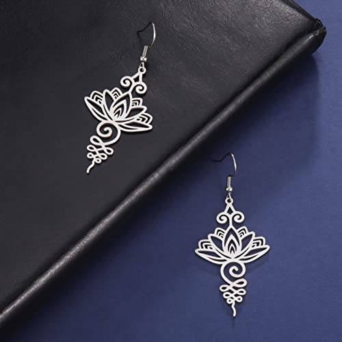 TEAMER Stainless Steel Lotus Flower Dangle Earrings Bohemian Drop Earring Unique Geometric Jewelry for Women - color: Lotus 2-Steel Color