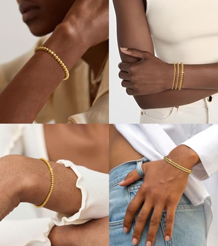 doubgood Gold Bracelets for Women, 5 Piece 14K Gold Plated Bracelet Stack Beaded Ball Jewelry Sets Gifts for Women - color: Style 4-Gold-7.25IN-(3+4+5mm)