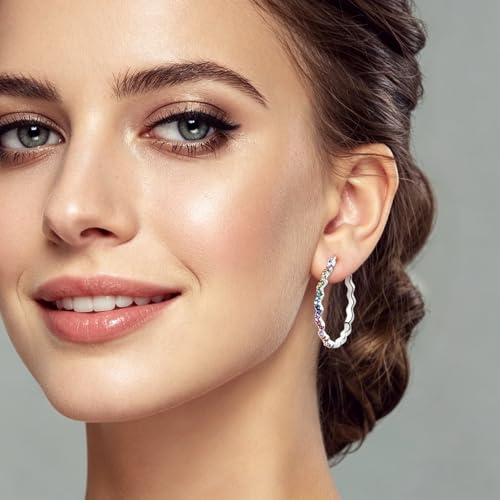 NARMO 925 Sterling Silver Hoop Earrings for Women Hypoallergenic Lightweight Simple Huggie Hoop Earrings Twisted Hoop Earrings Colorful Cubic Zirconia Hoop Earrings Rainbow Hoop Earrings - color: Rainbow