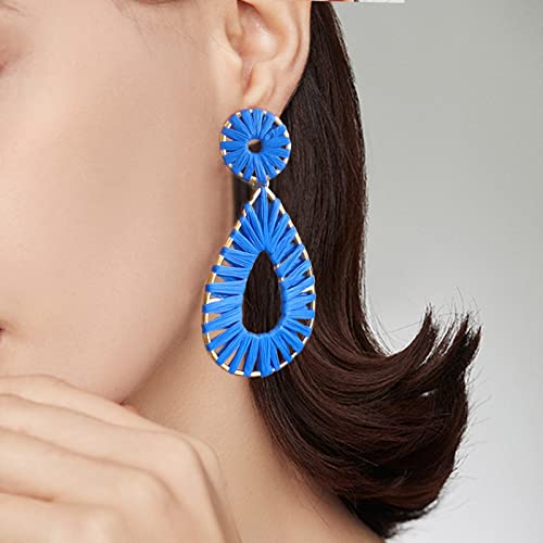 Raffia Teardrop Dangle Earrings Handmad Statement Drop Earrings - color: Royal Blue