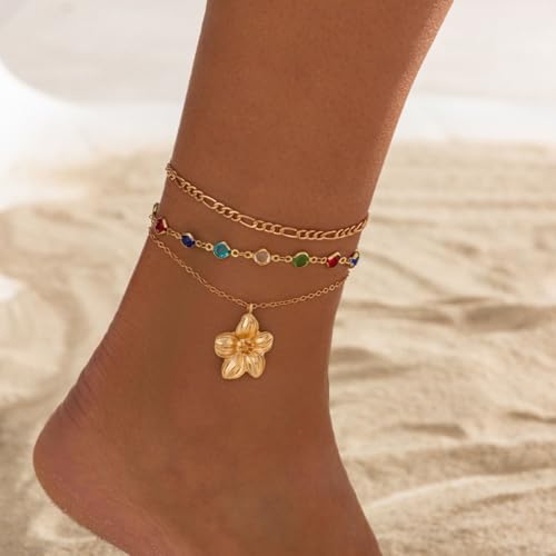 Fashion Layered Flower Charm Anklet for Women Golden Cuban Link Chain Tassel Waterproof Ankle Bracelet Adjustable Beach Vacation Foot Jewelry Summer Accessories - color: Gold