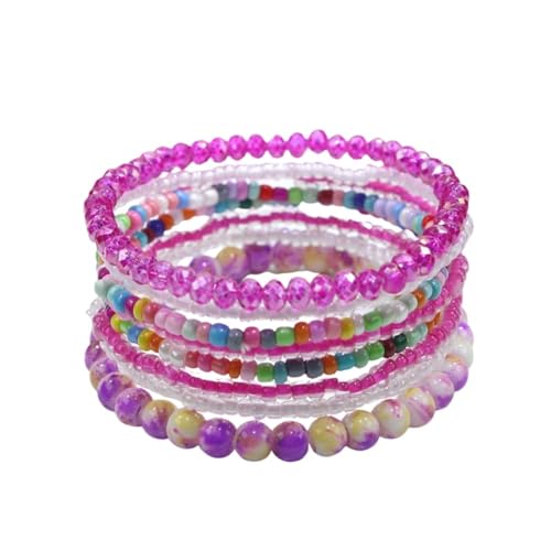 Pingyongchang Boho Colorful Beads Stackable Bracelets Set for Women Handmade Multicolor Seed Crystal Layered Stretch Bracelets Retro Country Holiday Beach Trendy Jewelry Gifts - color: Pink