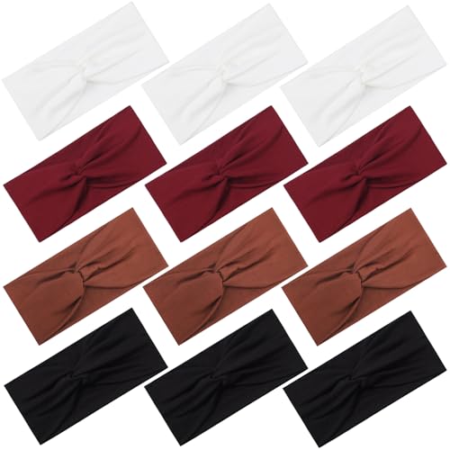 12 Pcs Stretchy Headbands for Women, Absorbed Sport Headband Soft Twist Knotted Hairbands for Daily Life Yoga Workout(Black/Brown/White/Red) - color: Black/Brown/White/Red