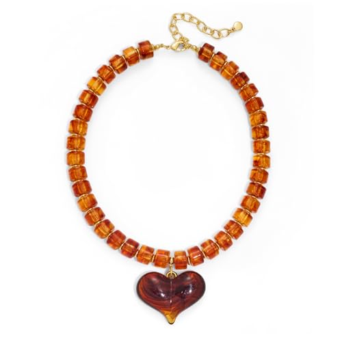WOWORAMA Chunky Heart Necklaces for Women Colorful Resin Beaded Choker Necklace Gold Puffy Heart Statement Necklace Trendy Acrylic Choker Jewelry - color: Brown