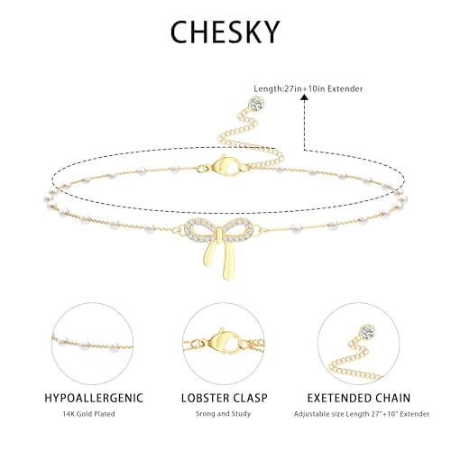 CHESKY Waist Beads for Women, Dainty 14k Gold Plated Waist Chain Beach Accessories Cute Belly Chain Body Chain Gold Chain Belts for Women Summer Beach Jewelry for Womens Gifts Rave Outfits for Womens - style: Pearl Bow