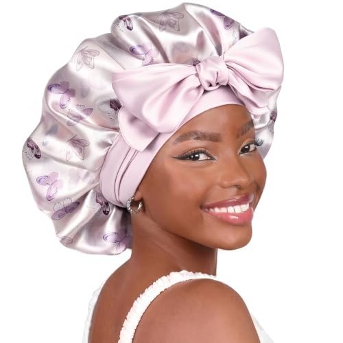 YANIBEST Adjustable Satin Bonnet for Sleeping Women Double Layer Hair Wrap Reduce Friction Prevent Frizz Natural Curly Hair - color: Butterfly