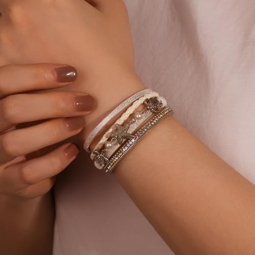 FANCY SHINY Turtle Starfish Leather Wrap Bracelet Boho Rhinestone Pearl Cuff Bracelets for Women Summer Beach Jewelry for Women - color: White