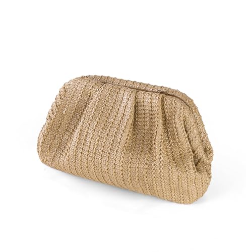 Huralona Women Straw Woven Clutch Purse Pleated Handbag for Summer Beach Vacation Straw Shoulder Crossbody Bag - color: Khaki