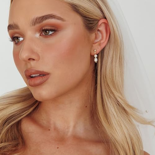 Pearl Earrings for Women, Dainty Wedding Bridal Earrings 14k Gold Plated CZ Pearl Drop Earrings for Women Trendy Hypoallergenic Unique Gold Drop Earrings Fashion Prom Jewelry - color: Gold-F