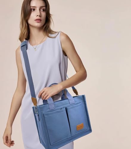 Large Canvas Tote Bag for Women Work Tote Bags with Pockets Laptop Crossbody Purses Everyday Bag Handbags for Travel - color: New Upgrade Plus Blue