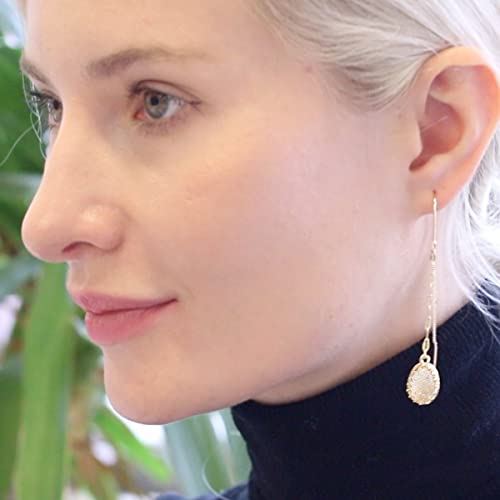 Simulated Druzy Threader Earrings for Women - Gold, Silver, or Rose Gold Tone Long Chain Earrings with Boho Created Geode Stone - color: Gold - White Created Opal