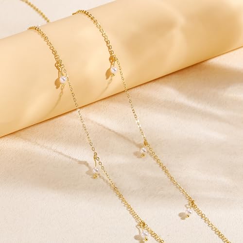 CHESKY 14K Gold Plated Silver Plated Waist Chain for Women, Layered Belly Belt Chains Beach Waist Beads Chain Waterproof Snake Cuban Body Chain Summer Jewelry Accessories for Women - style: pearl-gd