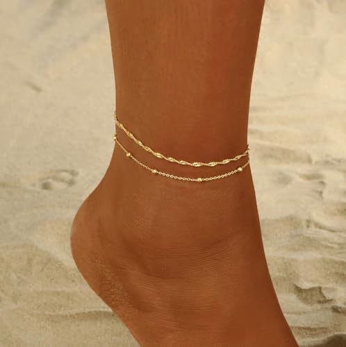 2/3 PCS Gold Anklets for Women Waterproof Cuban Link Anklet Beaded Bracelets Stackable Bracelets 14K Gold Plated Custom Jewelry Gifts Non Tarnish Lightweight - style: Gold Anklet 03