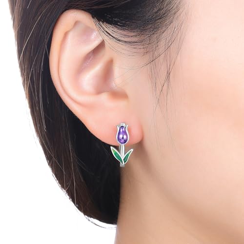 Earrings for Women 925 Sterling Silver Hoop Earring Colorful Cute Fashion Hoop Earrings Graduation Birthday Jewelry Gifts for Women - color: Purple Tulips Earrings
