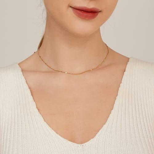 NONAMOIS Gold Chain Necklace for Women Dainty 18K Gold Plated Thin Satellite Beaded Turquoise Necklace Simple Layered Boho Jewelry Christmas Gifts - color: Dot Chain-Gold