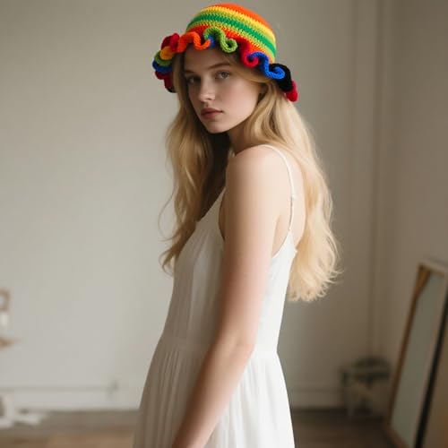 Handmade Crochet Bucket Hat for Women Boho Chic Slouchy Design Colorblock Ruffled Brim Festival&Daily Crochet Hat - color: Orange Top Contrasting