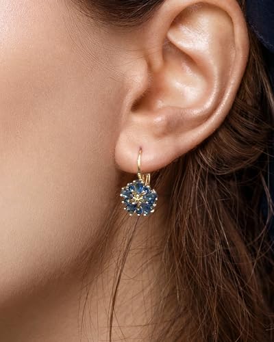 Vintage 14K Gold Plated Flower Birthstone Earrings - Hypoallergenic Leverback Floral Earrings, Trendy Jewelry Gifts for Women - color: Sapphire