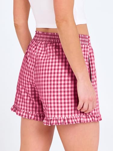 ANRABESS Boxer Shorts for Women,Gingham Plaid Elastic Waist Ruffle,Perfect for Lounge,Pajama&Sleep,Cute Casual Summer Bottoms - color: Red White Plaid, size: Small