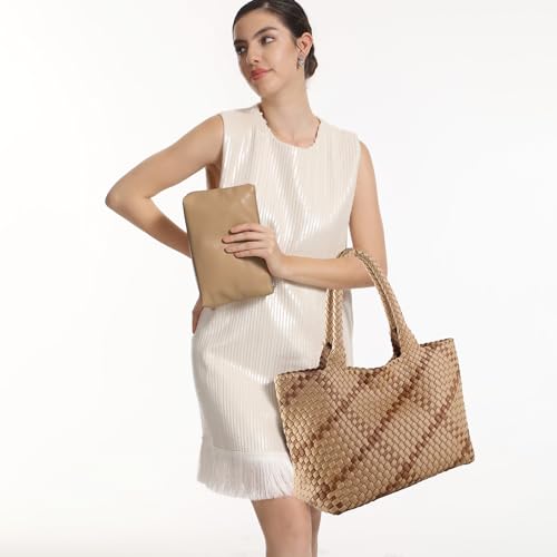Woven Tote Bag Womens Purse Vegan Leather Shoulder Handbags Fashion Summer Beach Tote Bags Large Travel Totes - color: Apricot-b