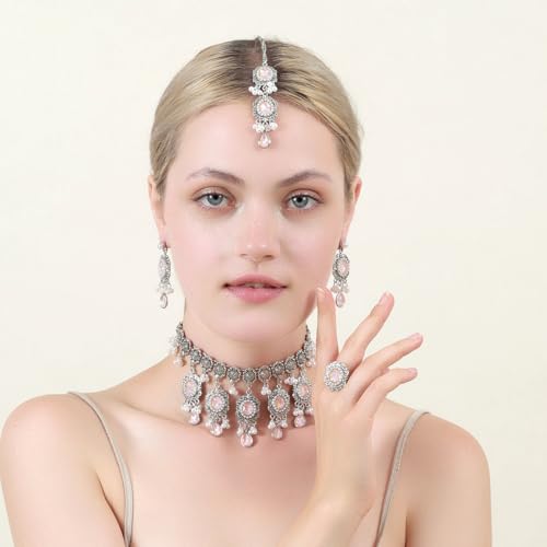Luxury Waterdrop Rhinestone Pearls Tassel Charm Necklace Earrings Ring Maang Tikka Jewelry 4PCS Set Oxidized Antique Silver Flower Choker Ethnic Indian Retro Crystal Bollywood Bridal Wedding for Women - color: Pink