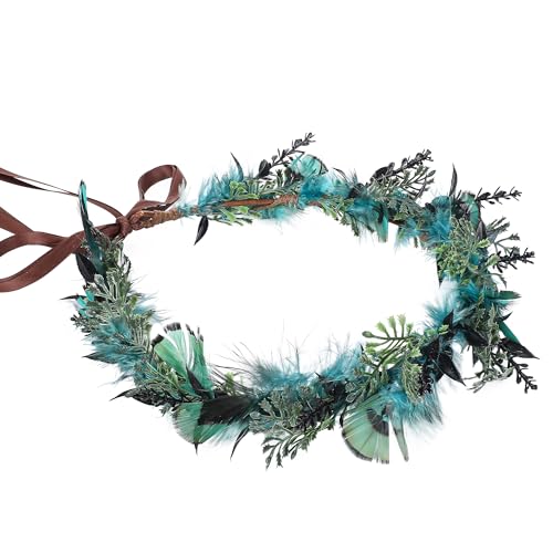 Blue Flower Crown Accessories - Elf Floral Headband Fairy Flower Accessories for Women Girl Birthday Wedding Party Photo Props - color: Feather-Blue