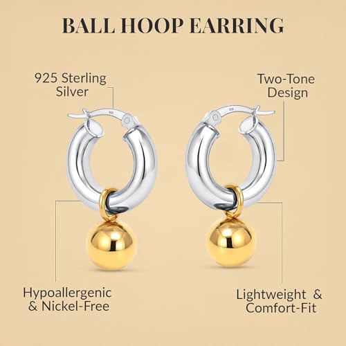 LeCalla 925 Sterling Silver Beaded Ball Hoop Earrings | Lightweight Sleeper Bead Ball Earring Hoops | Cape Style Hoop Earrings for Women - color: Gold-Plated 10mm Ball Dangle